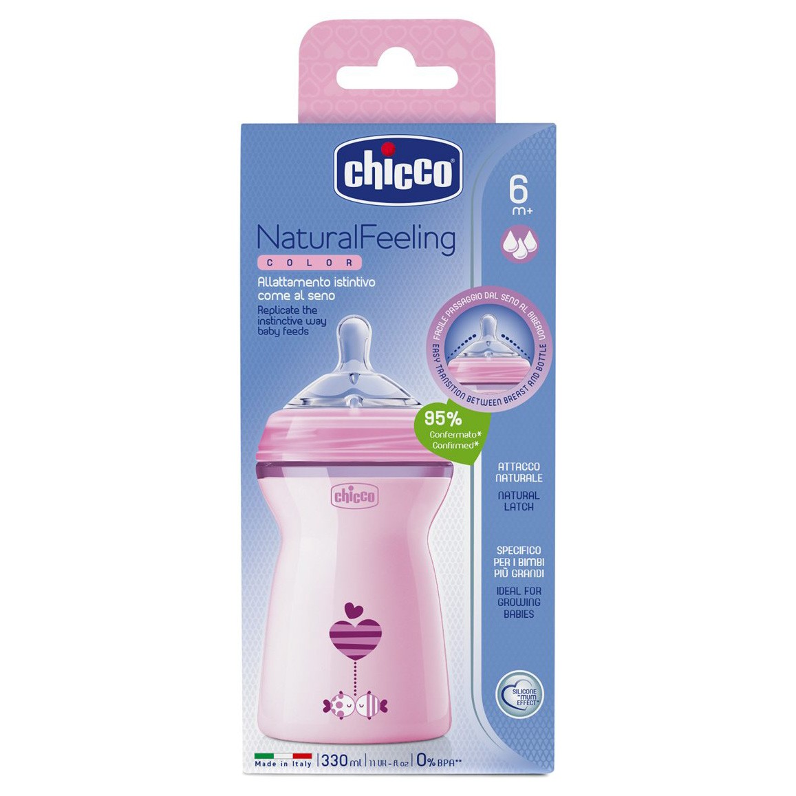 Chicco Natural Feeling biberón rosa 6m 330 ml